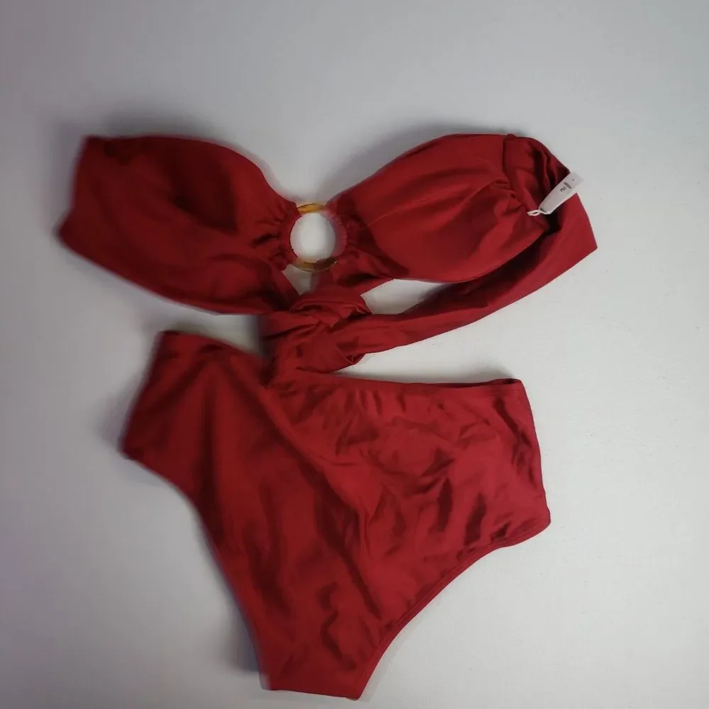 Peddney Women Ruffle Cutout Bandeau Bikini Swimsuit Tie Side Thong Two Piece - Picture 4 of 5